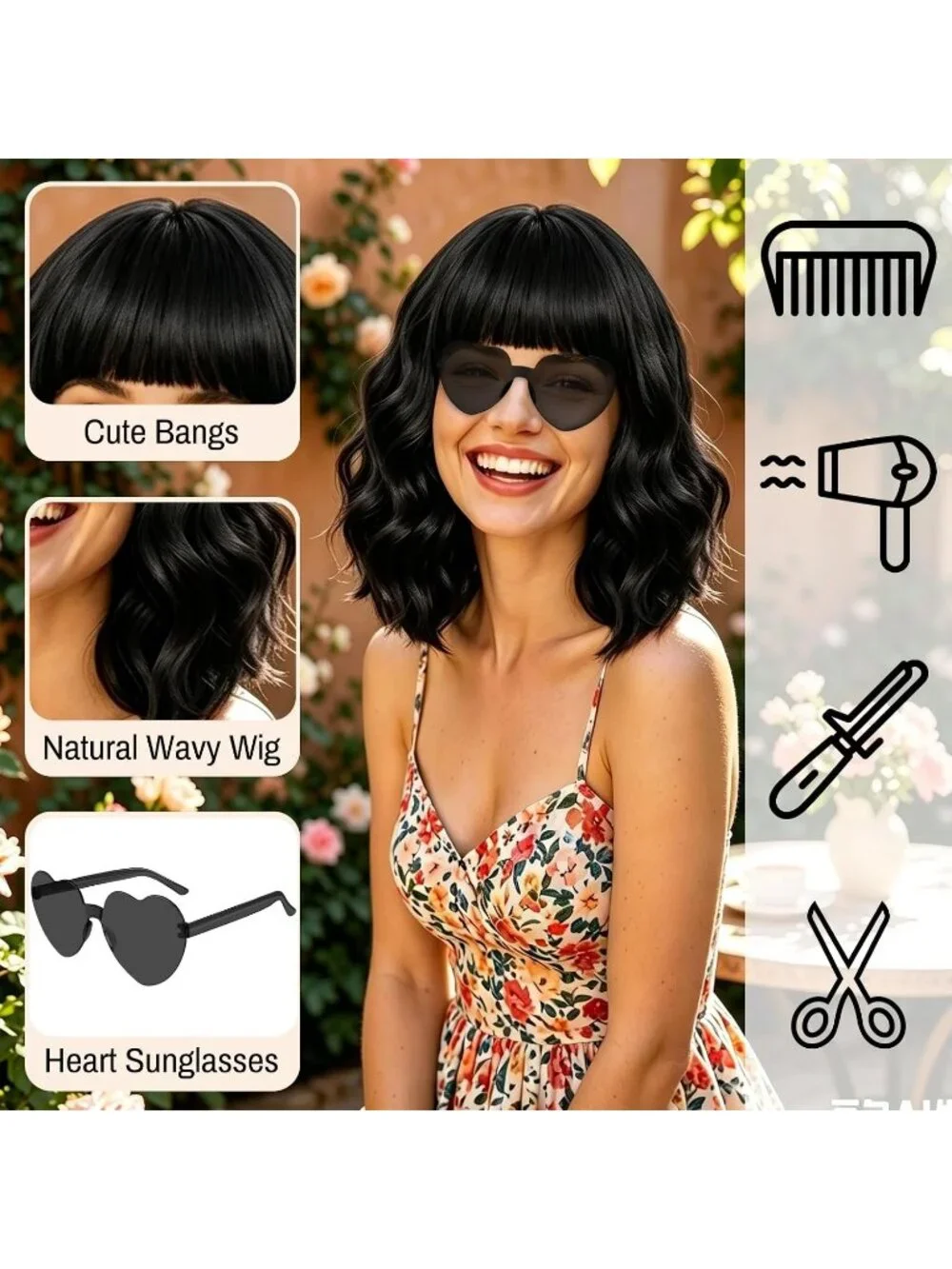 Women's Black Curly Bob Synthetic Wigs Bangs With Neon Heart Sunglasses
